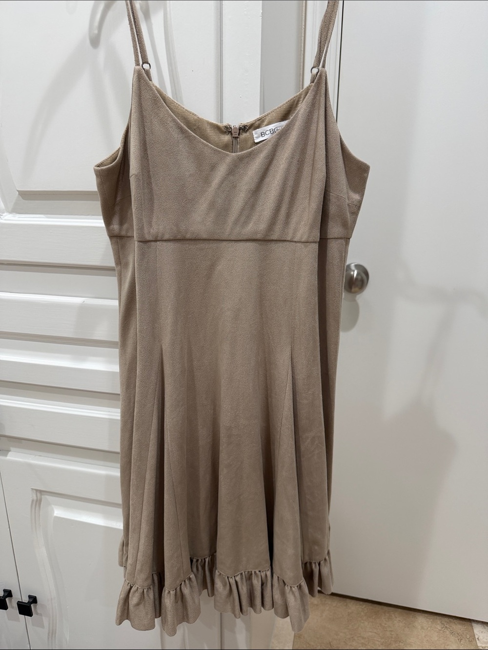 BCBG Taupe-Strap Ruffle Hem Mini Dress